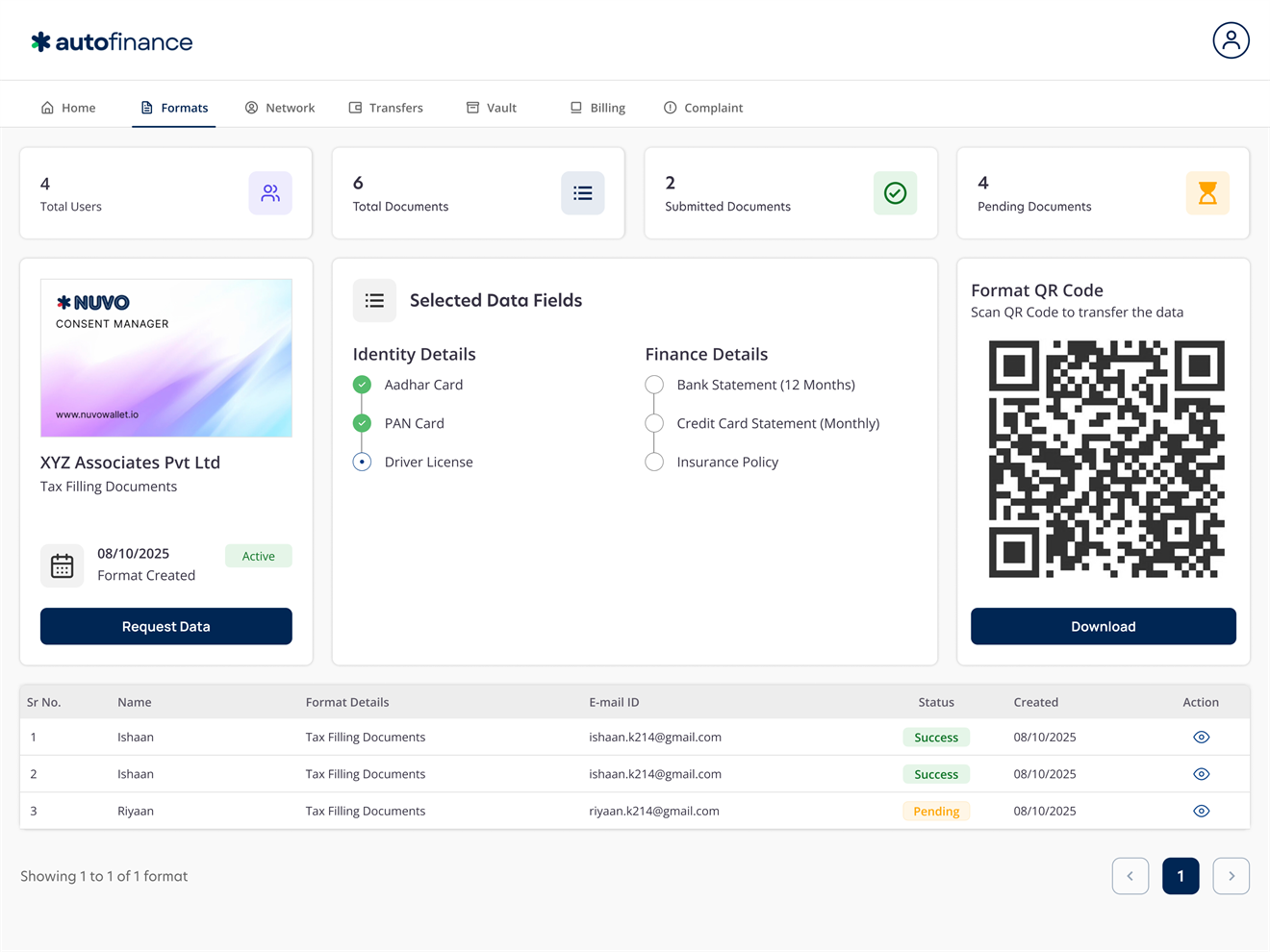 AutoFinance format detail with QR code and selected data fields after redesign