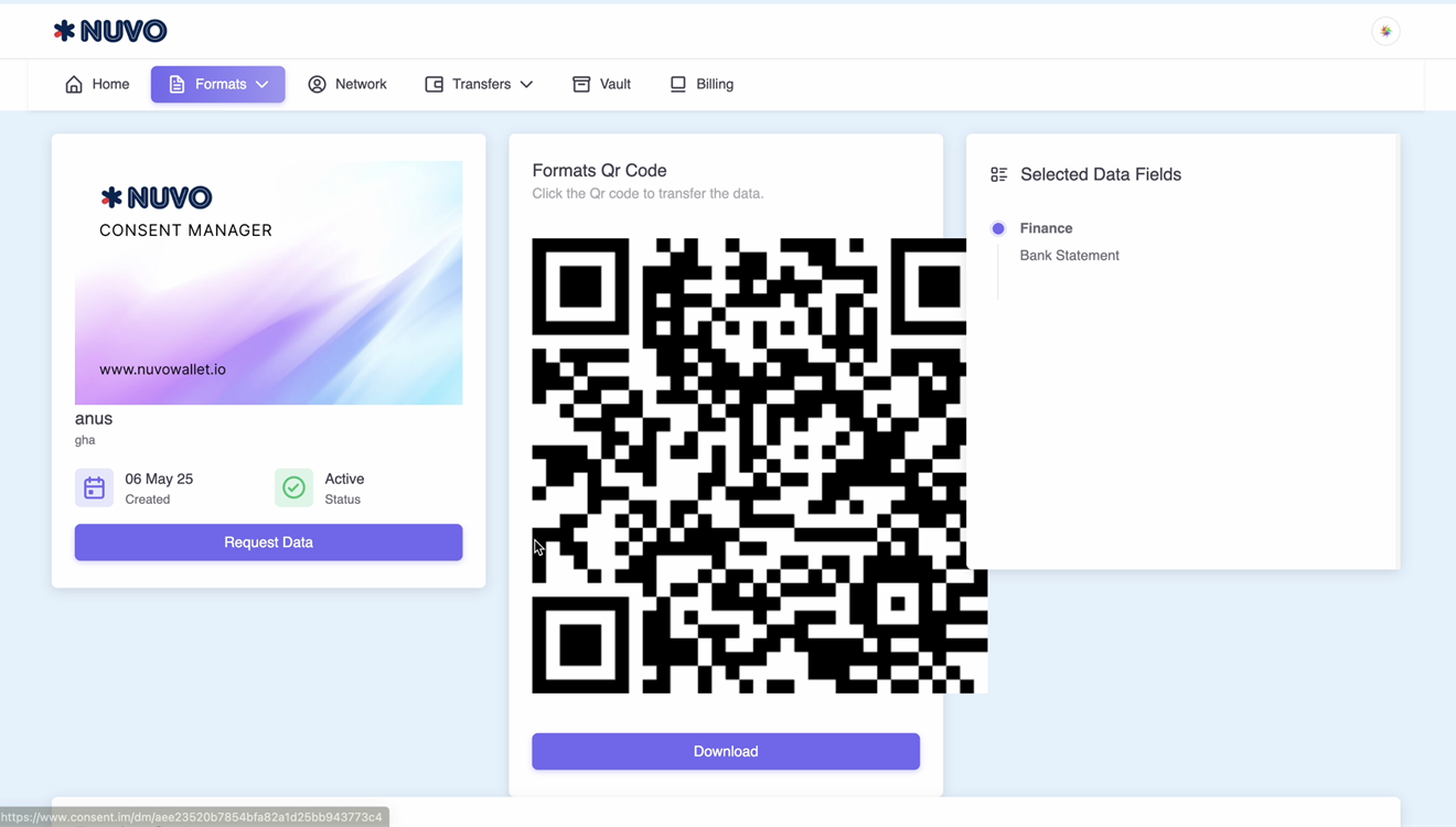 NUVO Wallet consent manager with format QR code before redesign