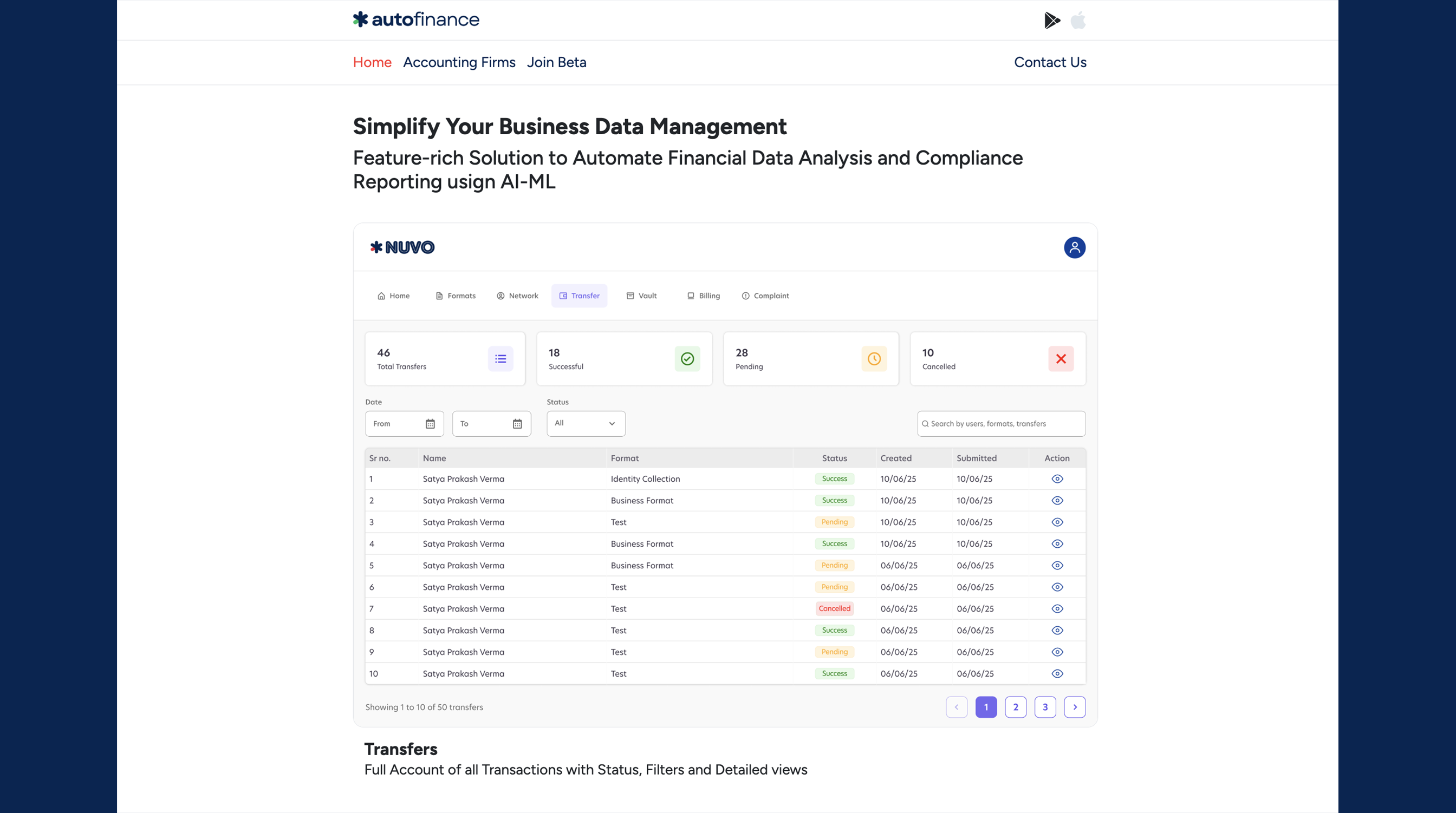 NUVO AutoFinance marketing website showing the Simplify Your Business Data Management hero with the Transfers dashboard preview