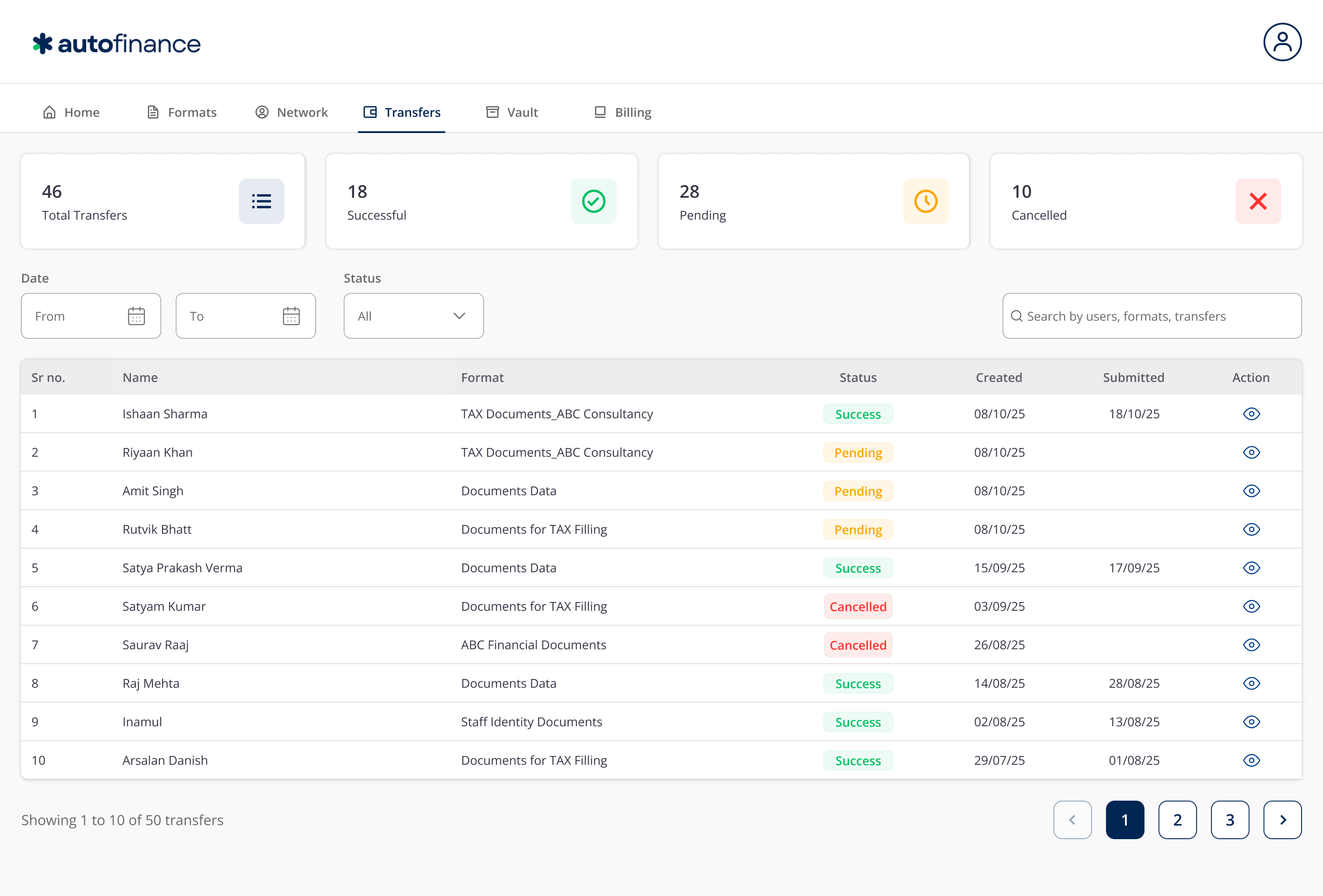 AutoFinance dashboard transfer list