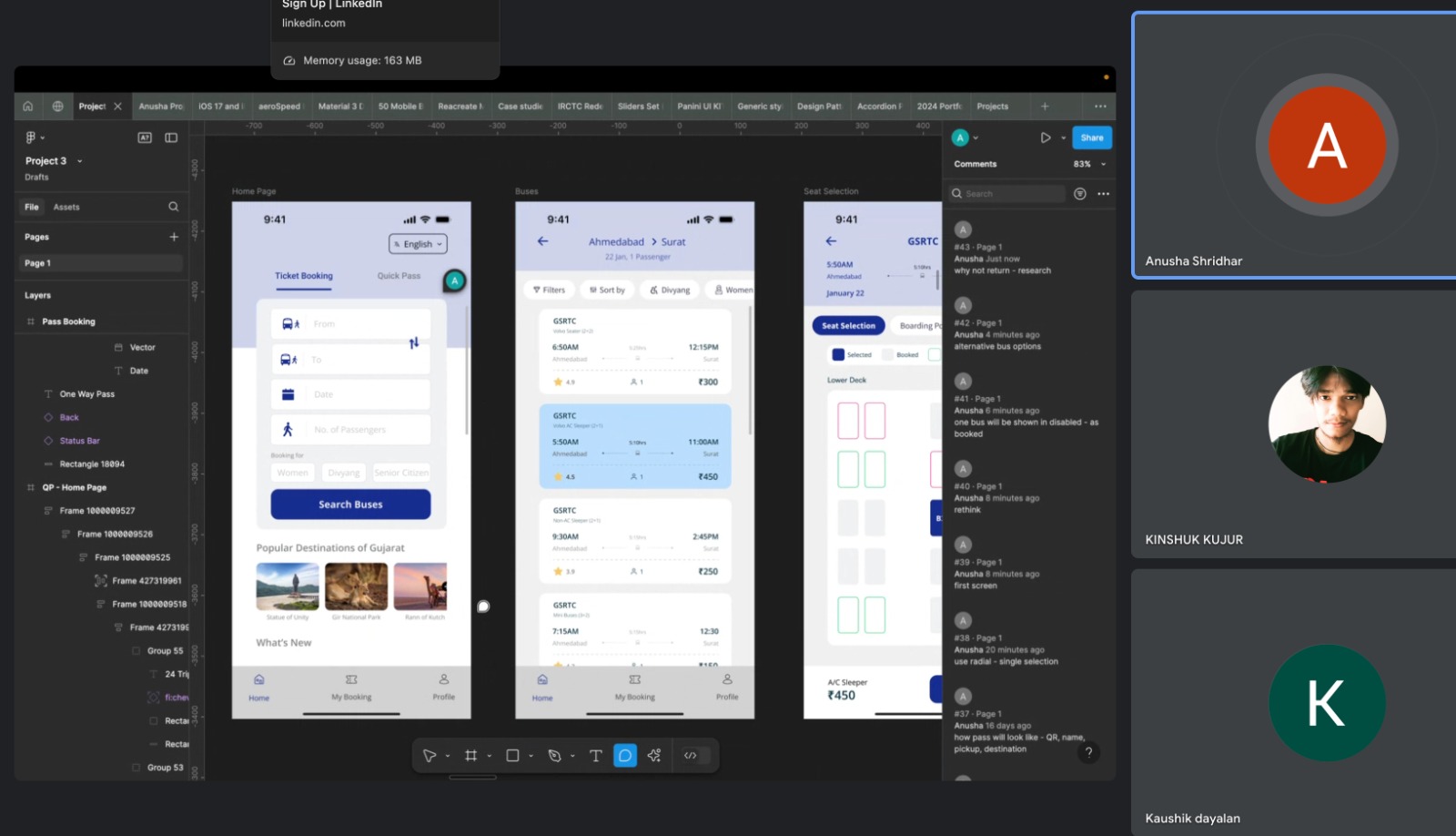 User testing session showing Figma designs and Google Meet participants