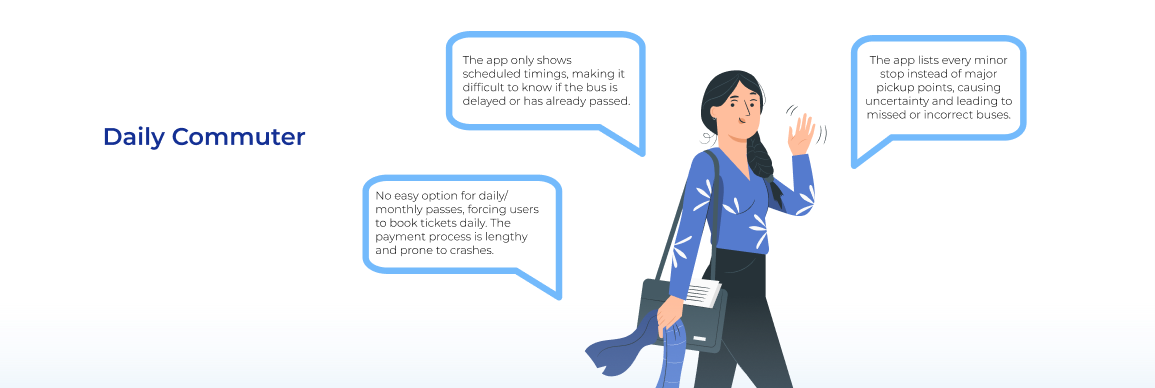 Daily Commuter — illustration of Dia with callouts about pass options, scheduled bus timings, and boarding point confusion