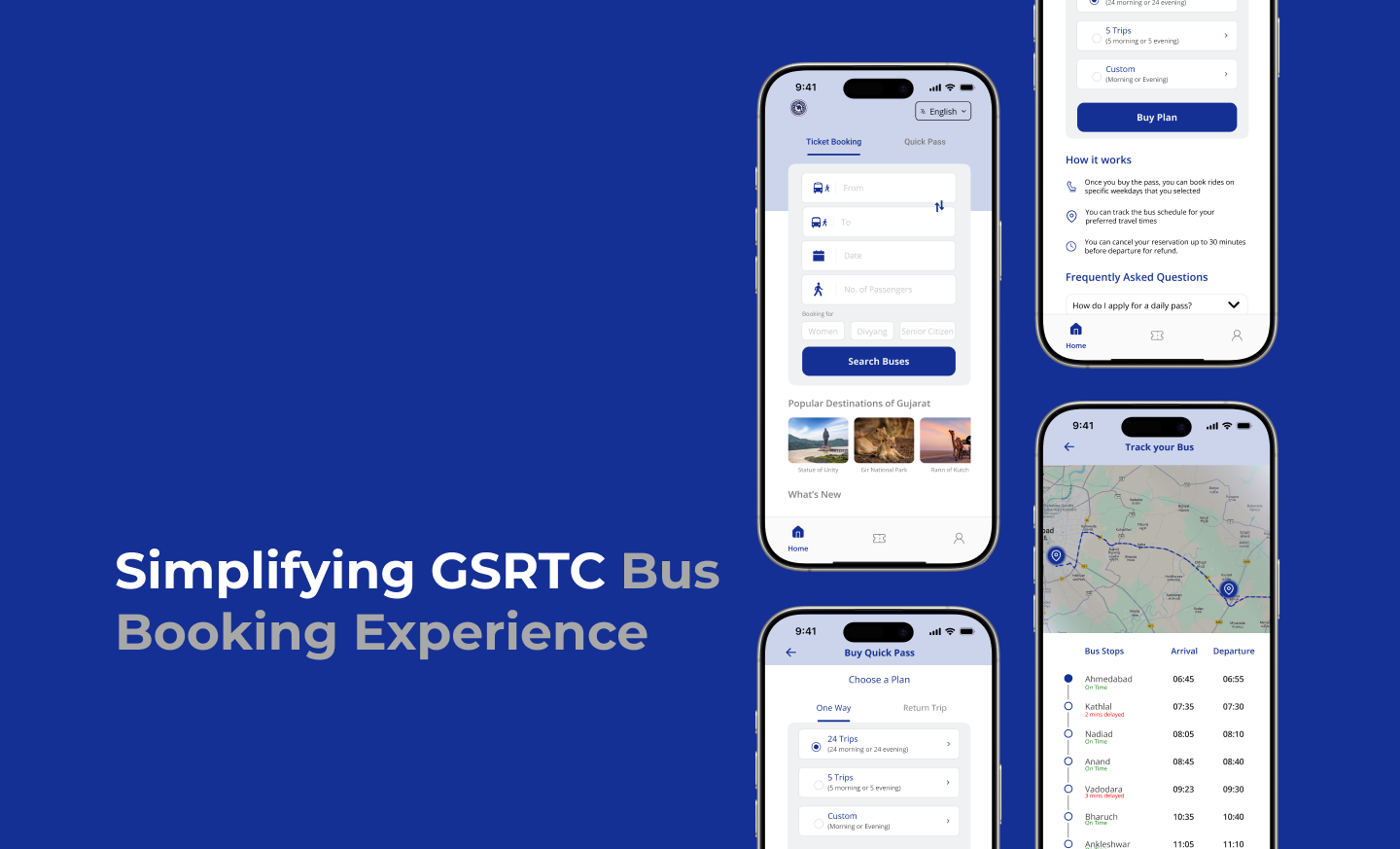 Simplifying GSRTC Bus Booking Experience — mobile app screens for ticket booking, quick pass, and bus tracking