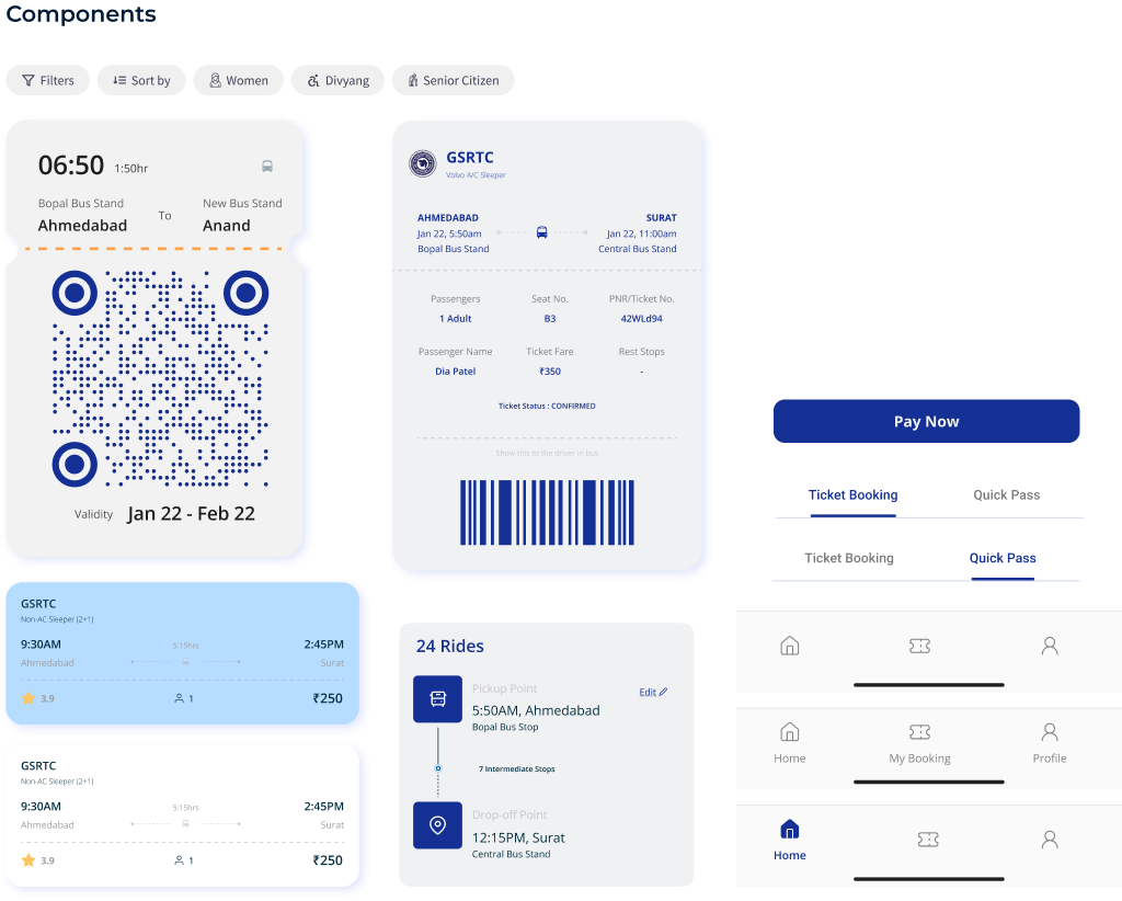 GSRTC UI components including filter chips, ticket cards, form fields, tabs, bottom navigation, and payment button