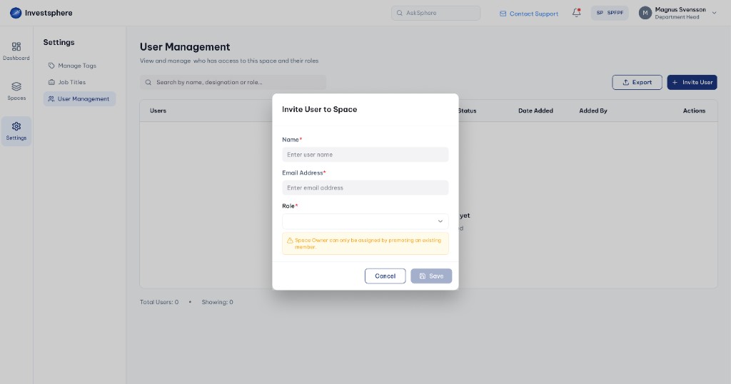Invite user modal