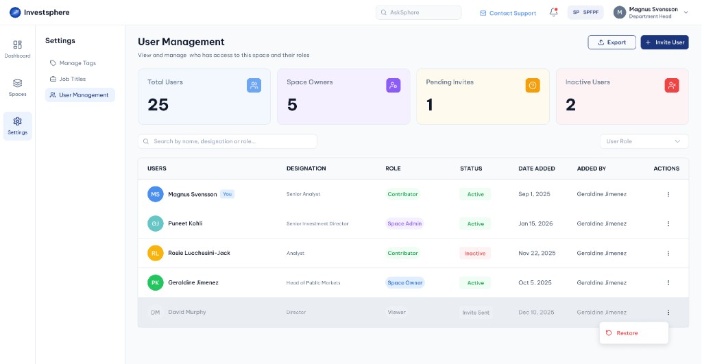 Access restore option in user actions