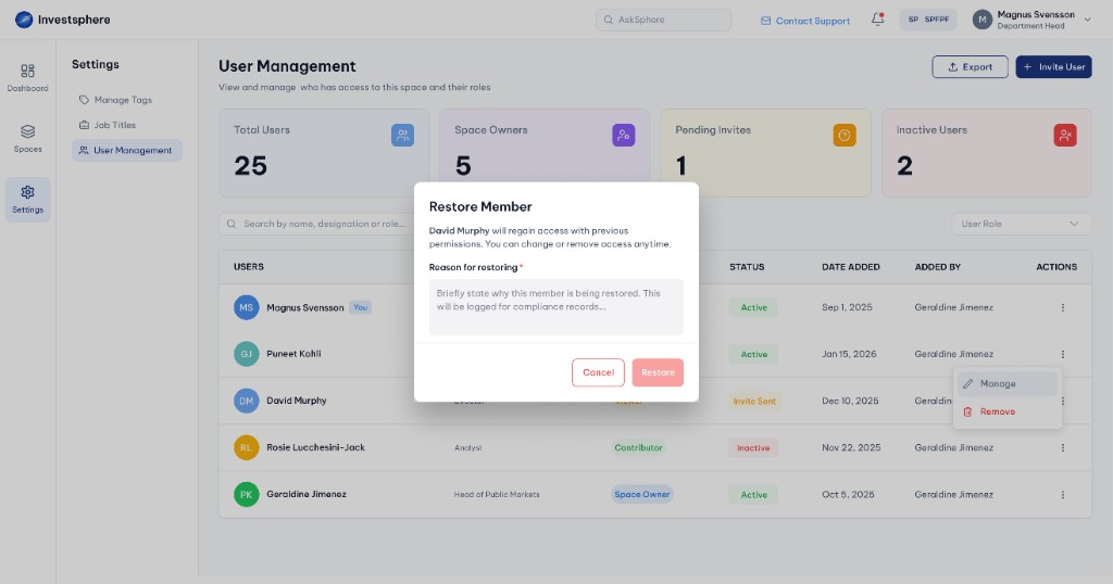 Restore user modal