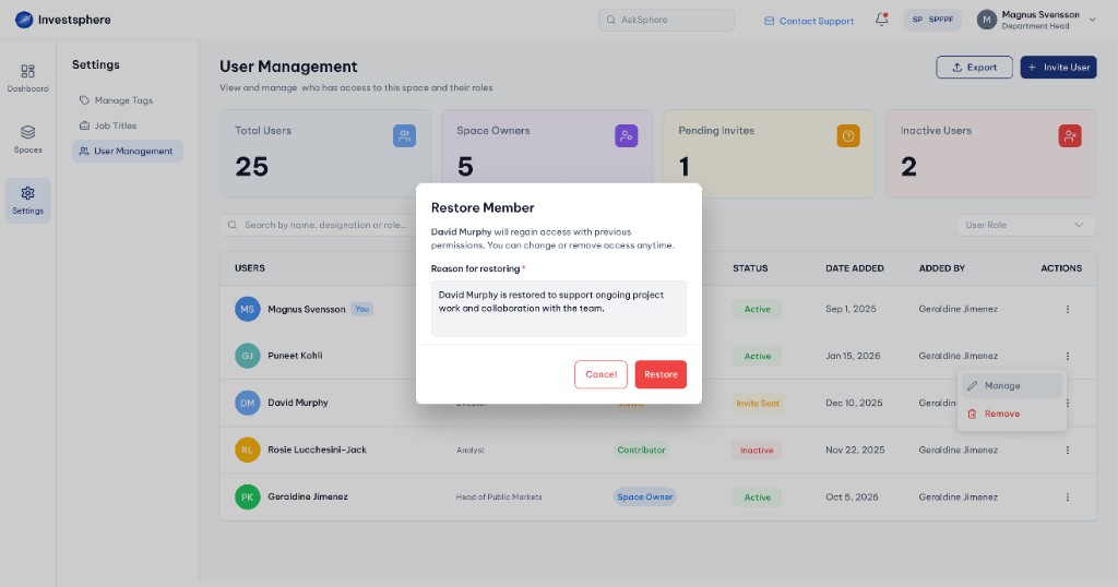 Fill details to restore user