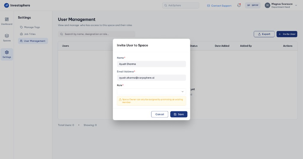 Fill user invite details form