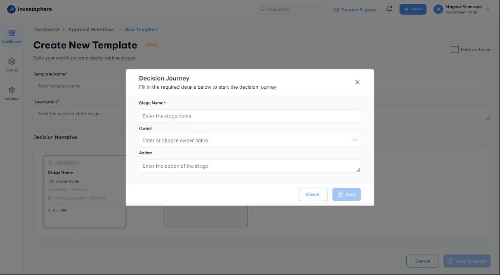 Enter template stage details modal
