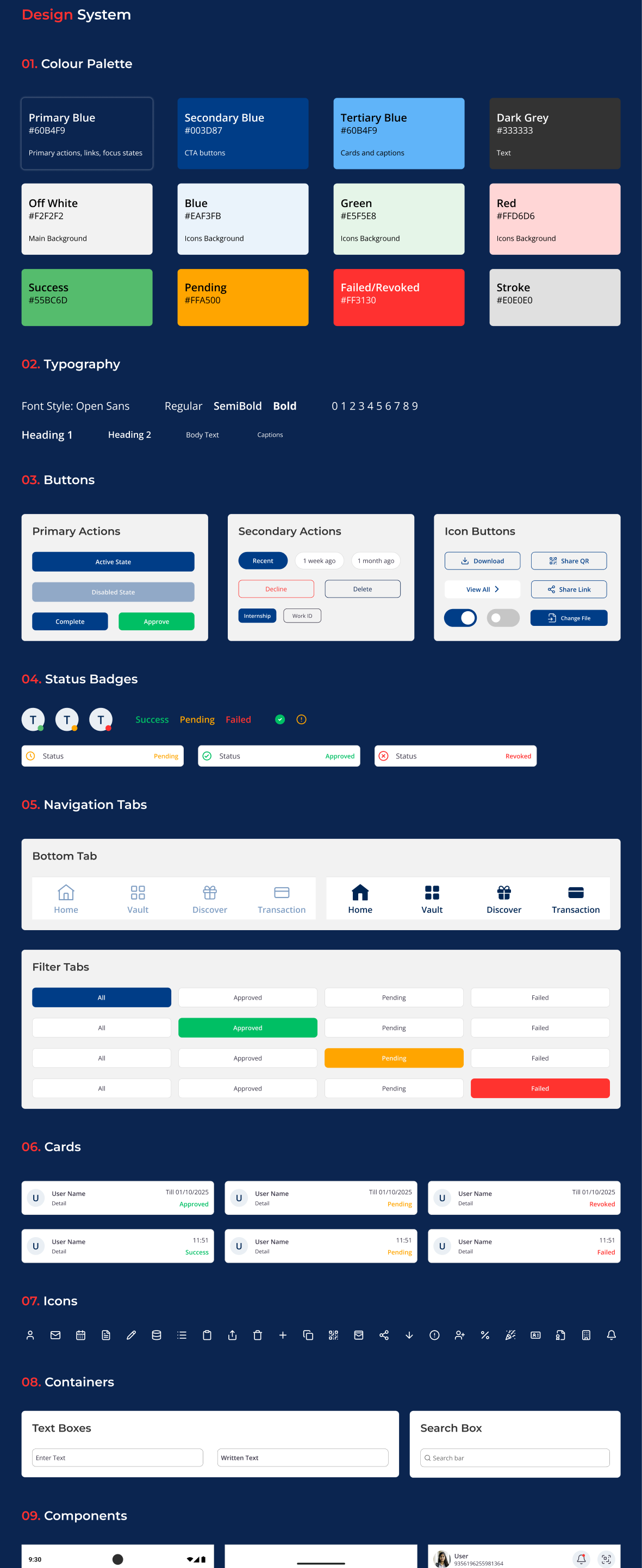 NUVO Wallet design system covering colour palette, Open Sans typography, primary and secondary buttons, status badges, navigation tabs, cards, icons, text containers and mobile components including status bar and header