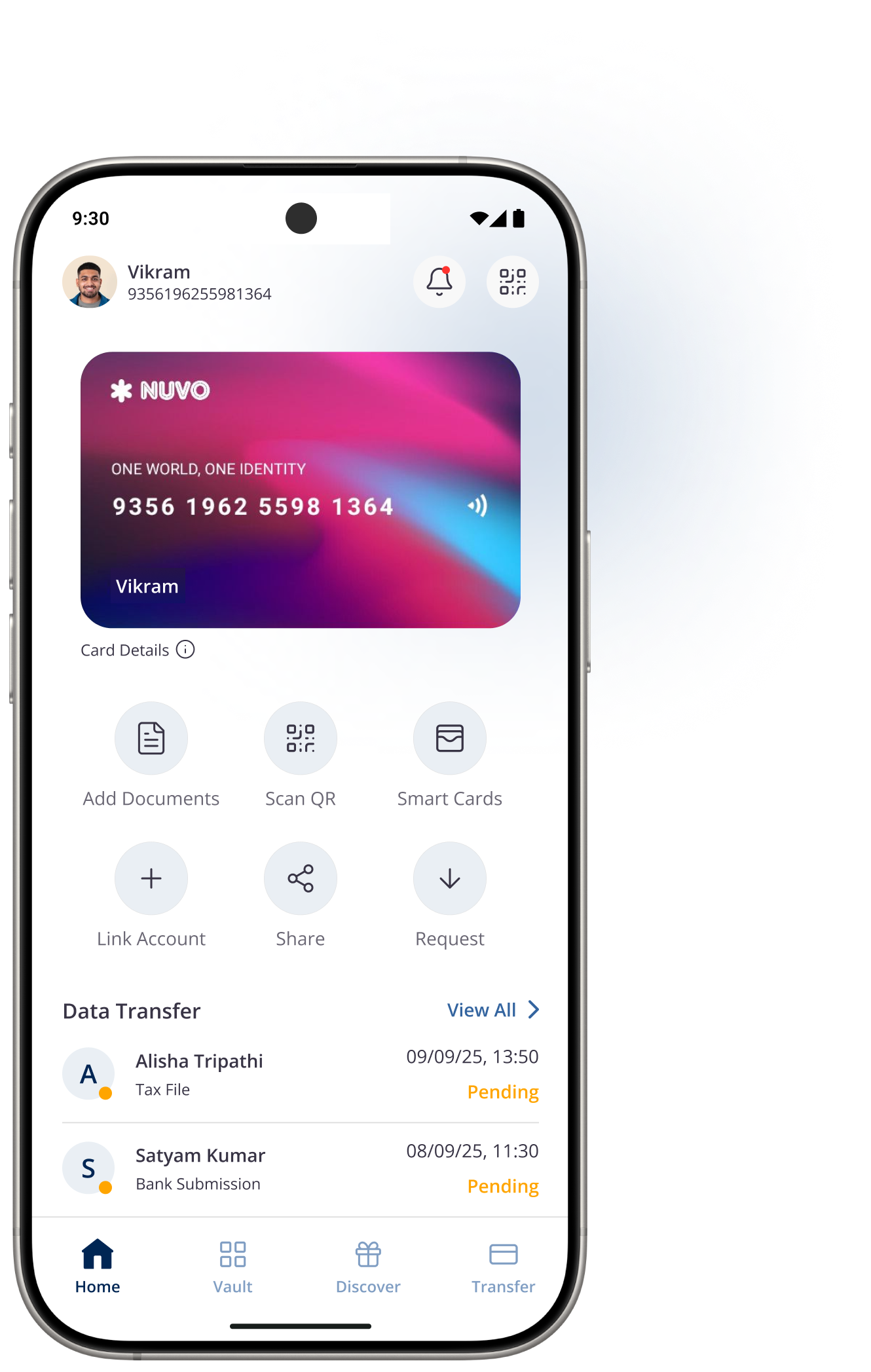 NUVO Wallet home screen on Vikram's phone