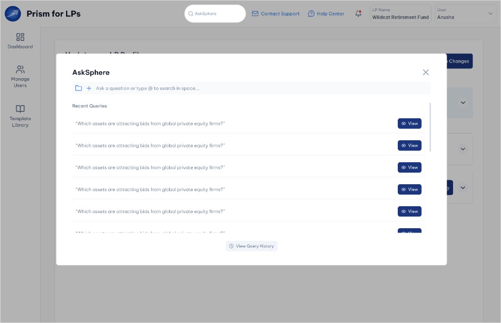 AskSphere modal with recent queries