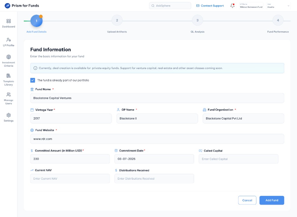 Add fund details, completed portfolio form