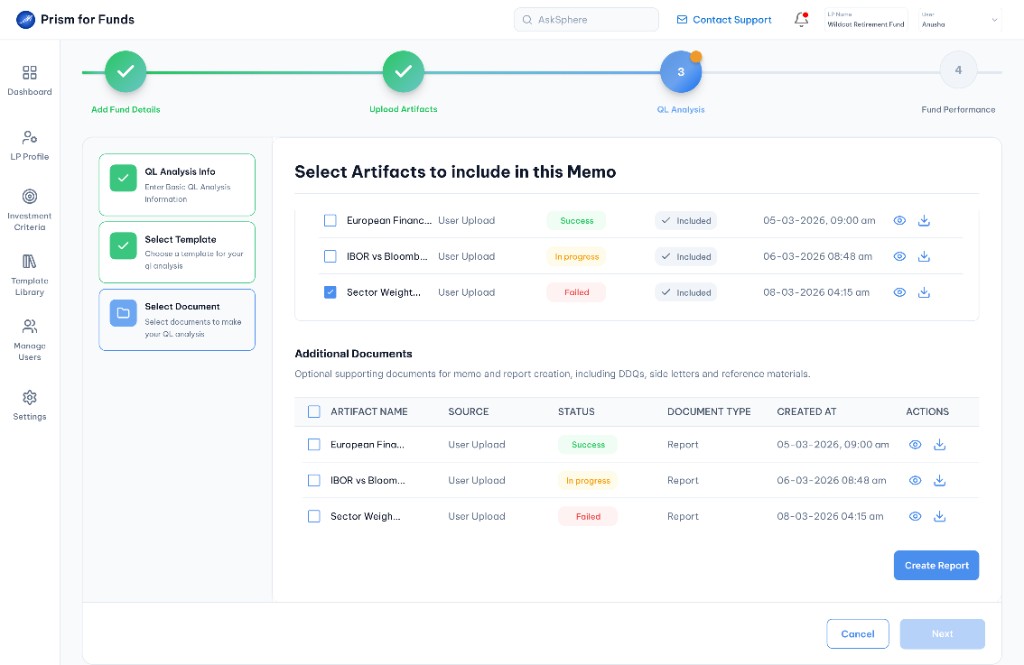Submit QL report, select artifacts