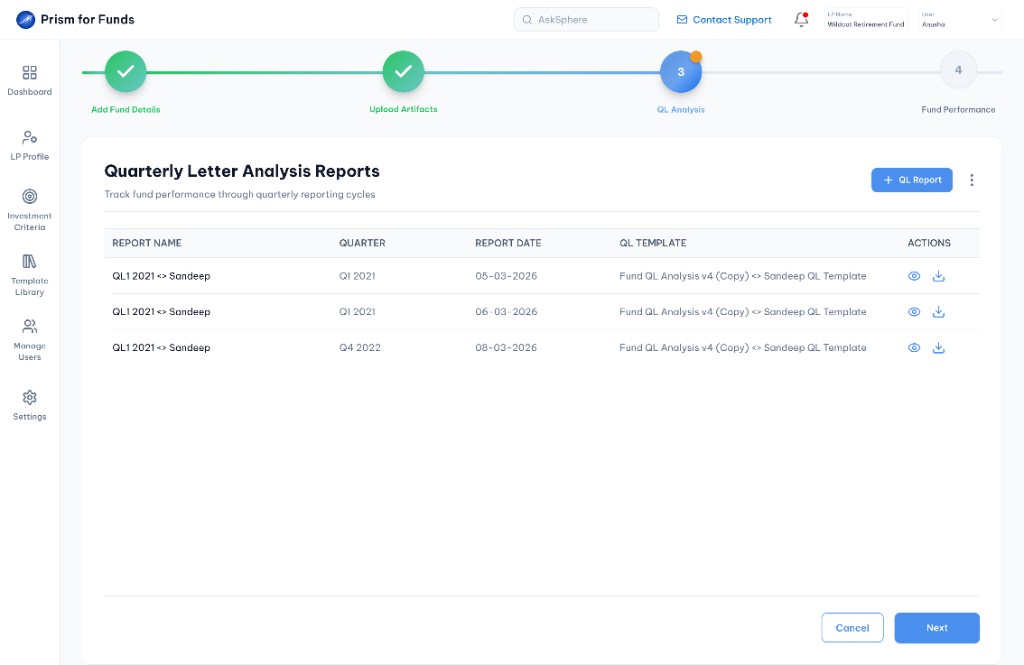 List of QL reports with generated entries