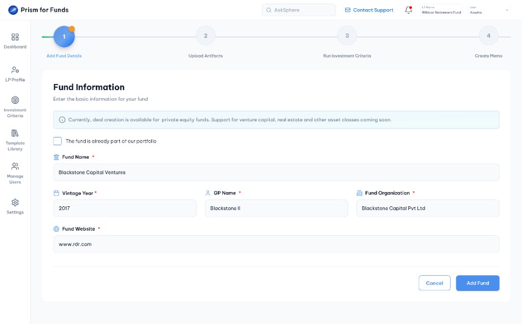 Add fund details, completed form