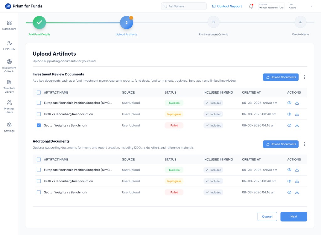 List of artifacts with upload status