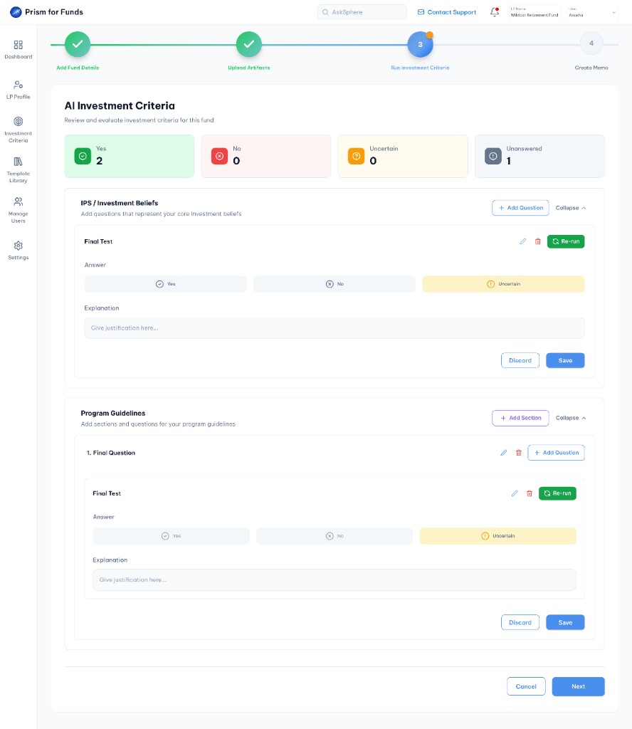 Run Investment Criteria with evaluated answers