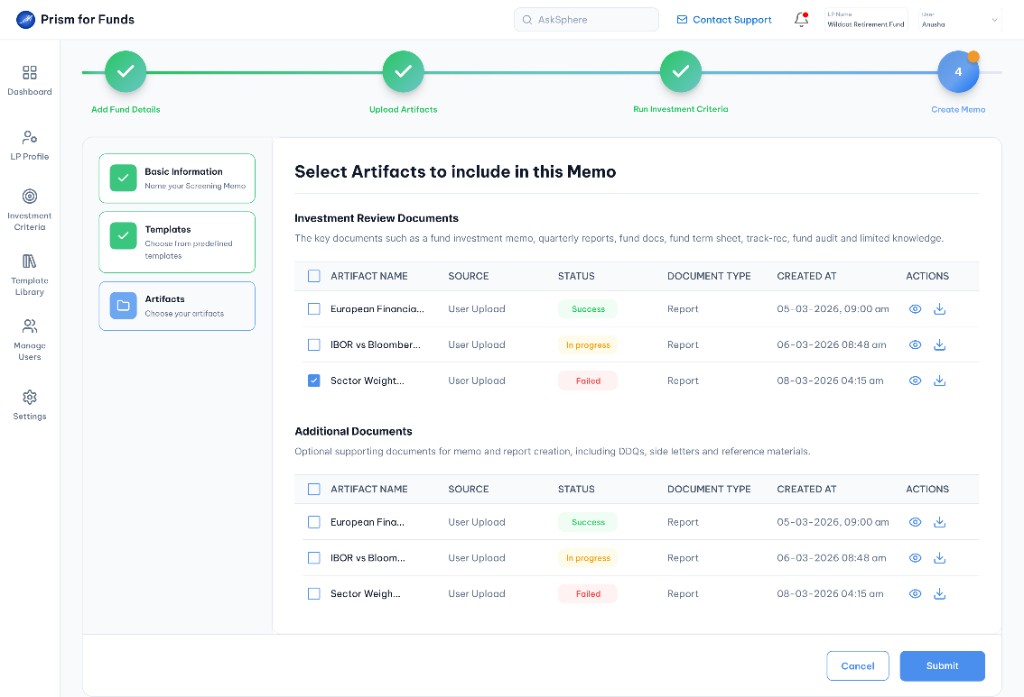 Submit the process, select artifacts for memo